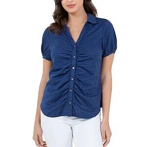 SINGLE THREAD TOP WOMEN'S SIZE SMALL EYELET KNIT BUTTON-UP SHIRT BLOUSE BLUE NEW